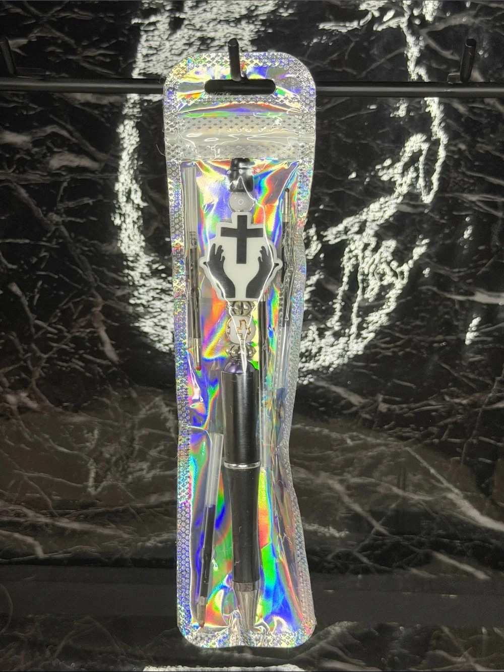Black Cross Focal Bead Pen  Black and Blue Ink